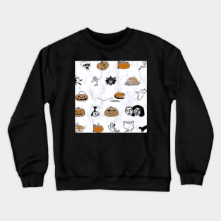 Halloween Pattern on White Background: Ghosts, Witches Hats, Bats, Witch Broom Cute Fall Design Autumn Crewneck Sweatshirt
